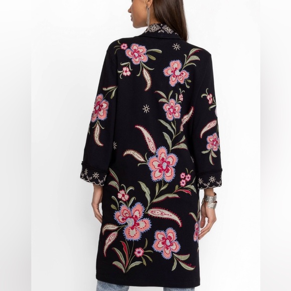 Johnny Was Libby French Terry Kimono Coat black with pink floral embroidery - Picture 3 of 6